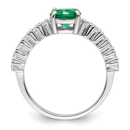 Sterling Silver Polished Rhodium Plated Green And Clear Cz Ring