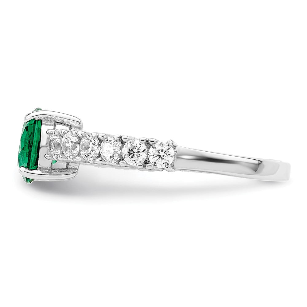 Sterling Silver Polished Rhodium Plated Green And Clear Cz Ring