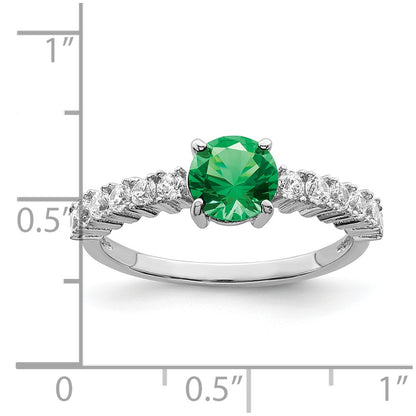Sterling Silver Polished Rhodium Plated Green And Clear Cz Ring