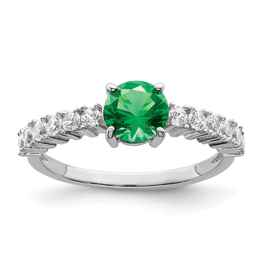 Sterling Silver Polished Rhodium Plated Green And Clear Cz Ring