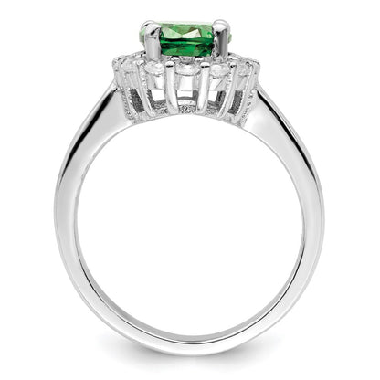 Sterling Silver Polished Rhodium Plated Green And Clear Cz Ring