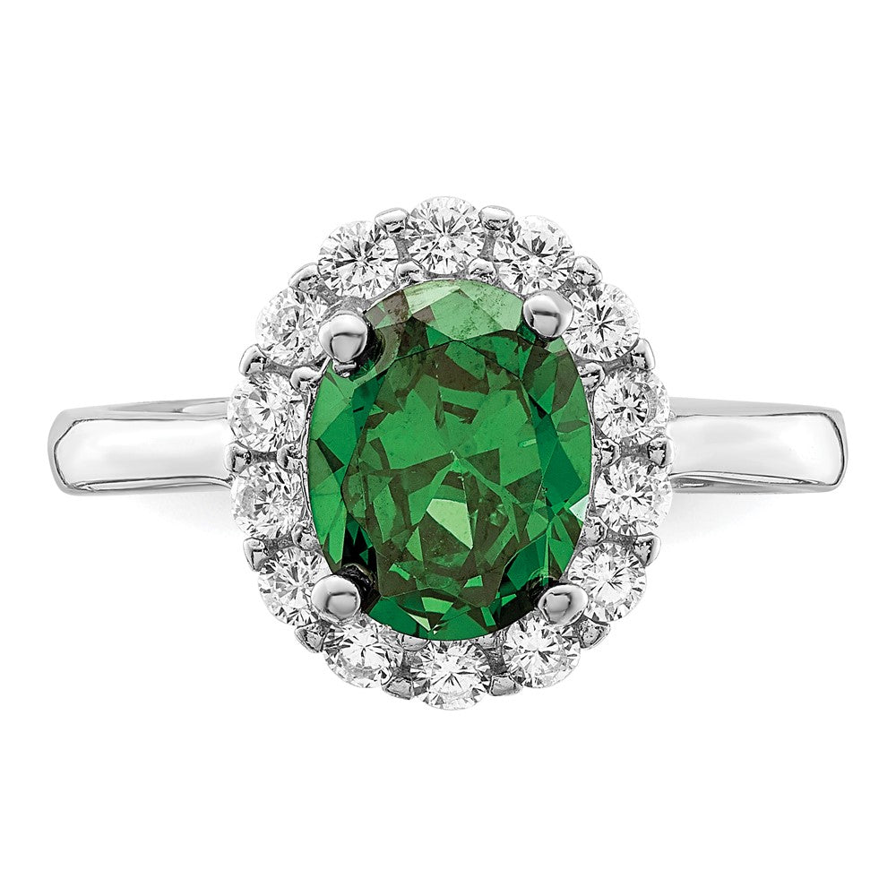 Sterling Silver Polished Rhodium Plated Green And Clear Cz Ring