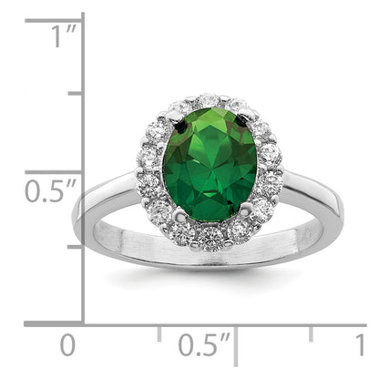 Sterling Silver Polished Rhodium Plated Green And Clear Cz Ring