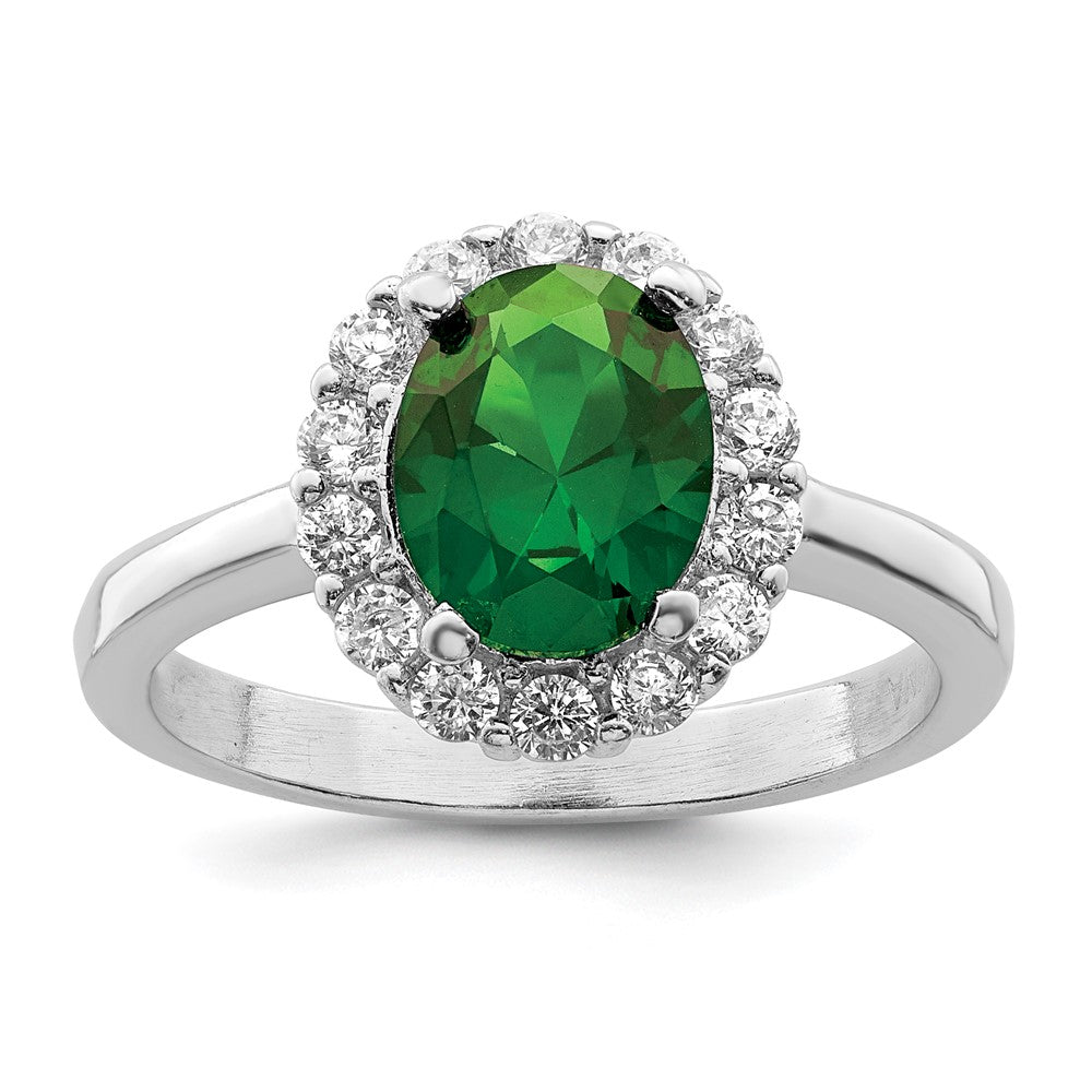 Sterling Silver Polished Rhodium Plated Green And Clear Cz Ring