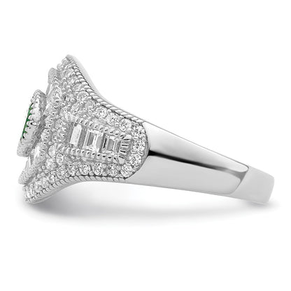 Sterling Silver Rhodium Plated Polished Green & White Cz Ring
