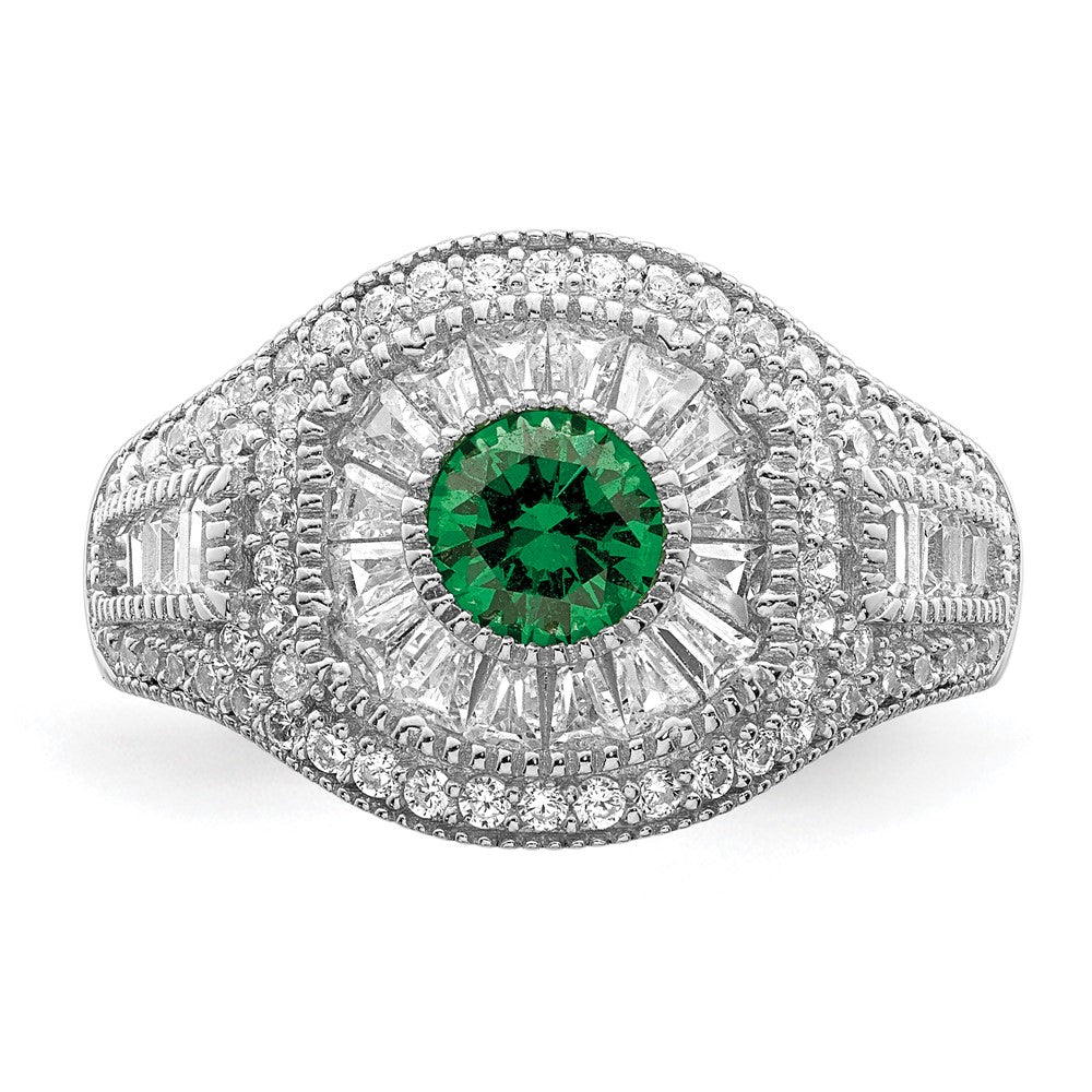 Sterling Silver Rhodium Plated Polished Green & White Cz Ring