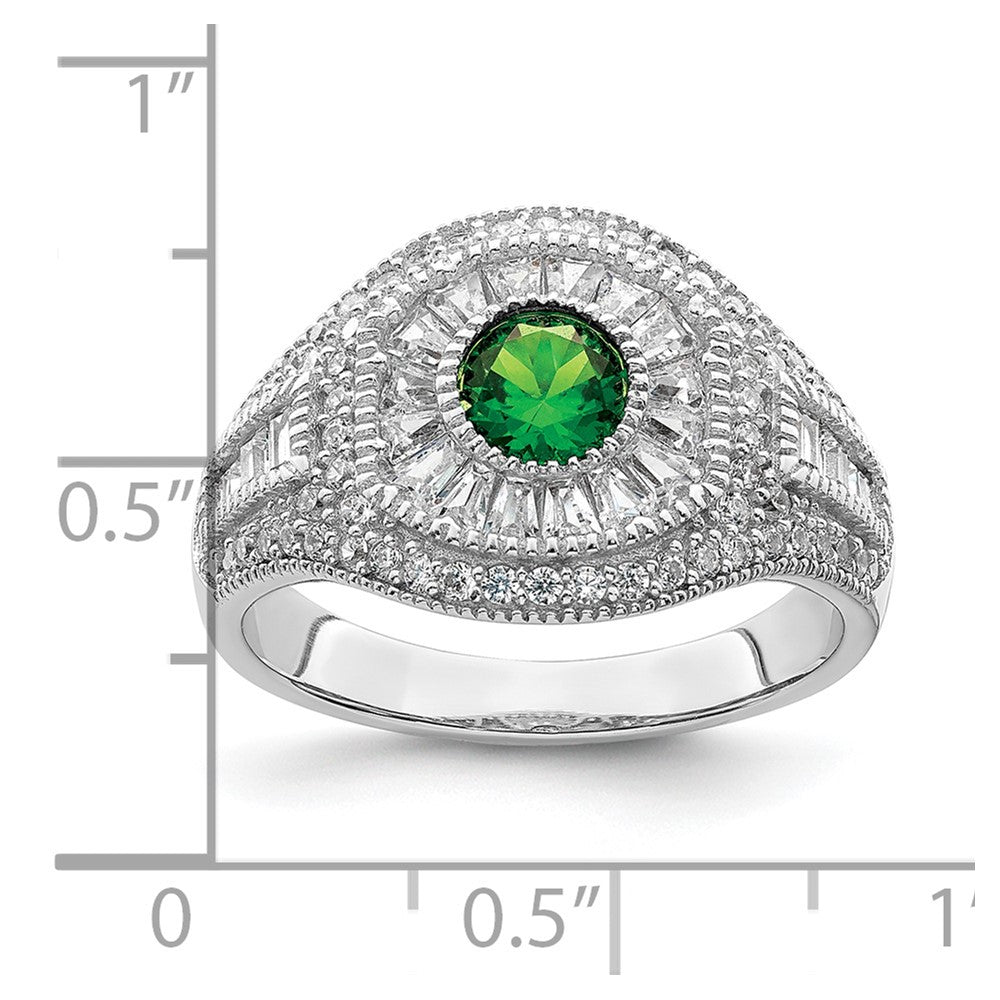 Sterling Silver Rhodium Plated Polished Green & White Cz Ring
