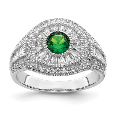 Sterling Silver Rhodium Plated Polished Green & White Cz Ring