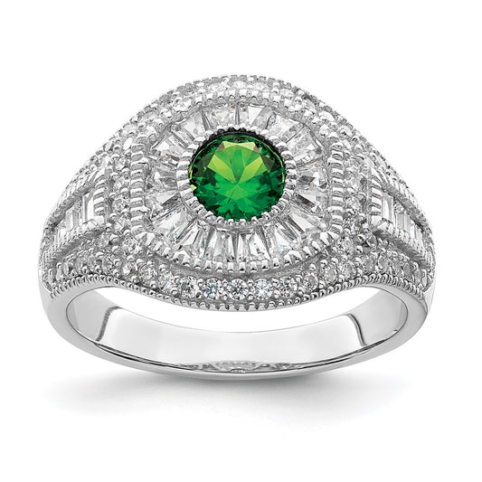 Sterling Silver Rhodium Plated Polished Green & White Cz Ring