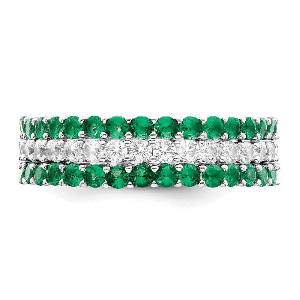 Sterling Silver Rhodium Plated Polished Green & White Cz 3 Ring Set