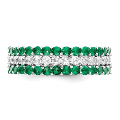 Sterling Silver Rhodium Plated Polished Green & White Cz 3 Ring Set