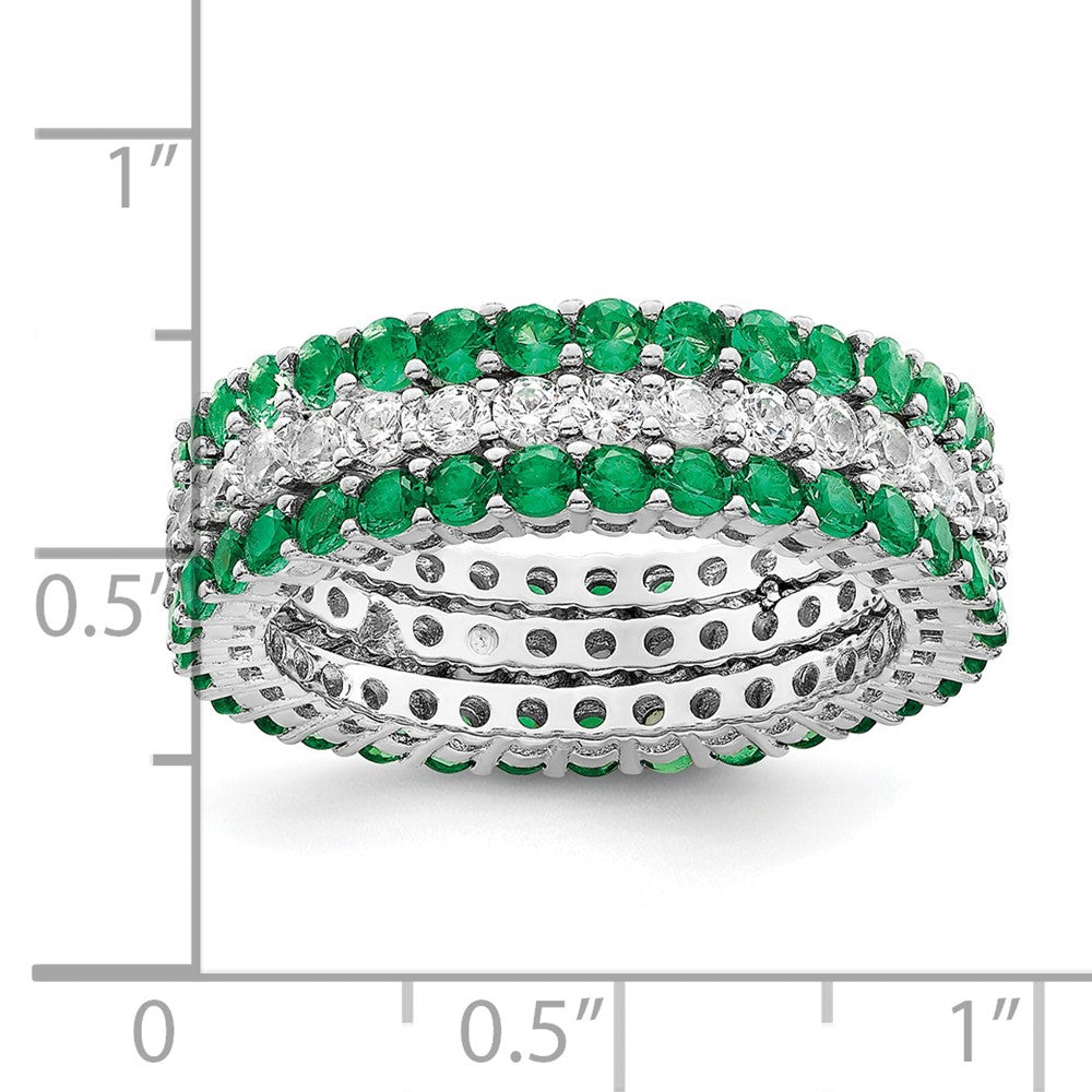 Sterling Silver Rhodium Plated Polished Green & White Cz 3 Ring Set