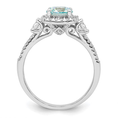 Sterling Silver Rhodium Plated Carribean Green & White Cz Ring