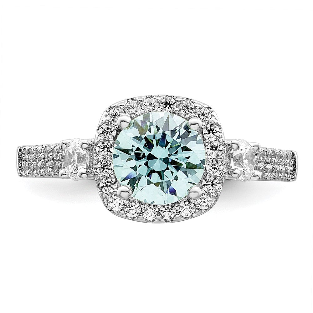 Sterling Silver Rhodium Plated Carribean Green & White Cz Ring