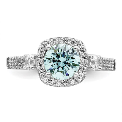 Sterling Silver Rhodium Plated Carribean Green & White Cz Ring