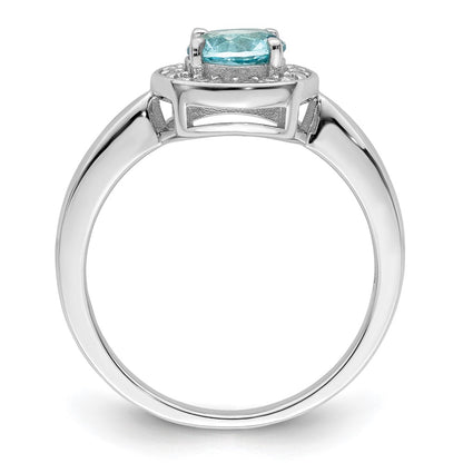 Sterling Silver Rhodium Plated Cz And Light Blue Glass Stone Ring