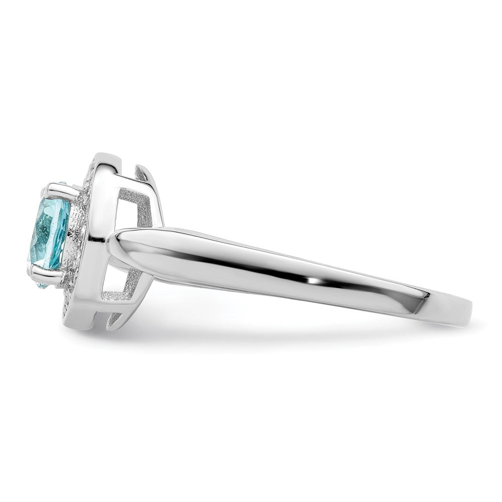 Sterling Silver Rhodium Plated Cz And Light Blue Glass Stone Ring
