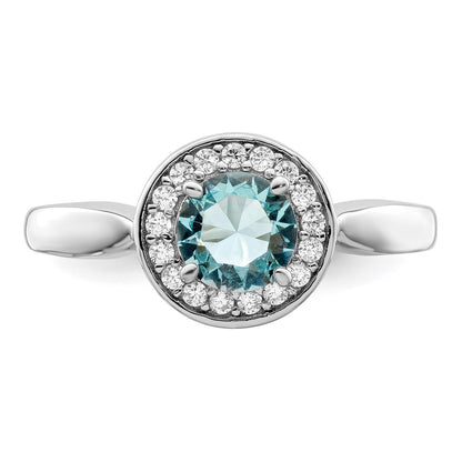 Sterling Silver Rhodium Plated Cz And Light Blue Glass Stone Ring