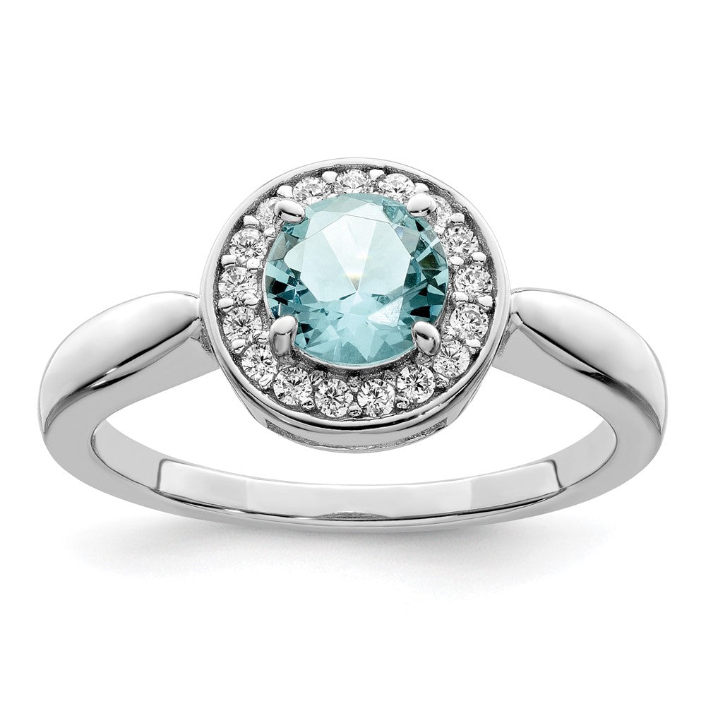 Sterling Silver Rhodium Plated Cz And Light Blue Glass Stone Ring