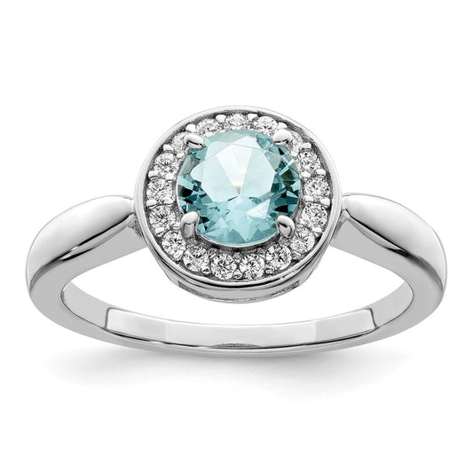 Sterling Silver Rhodium Plated Cz And Light Blue Glass Stone Ring