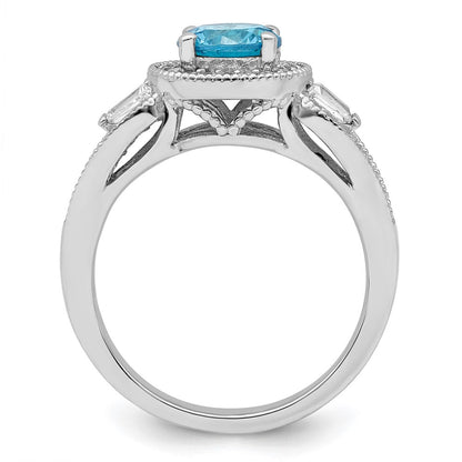 Sterling Silver Rhodium Plated White & Aqua Cz Ring