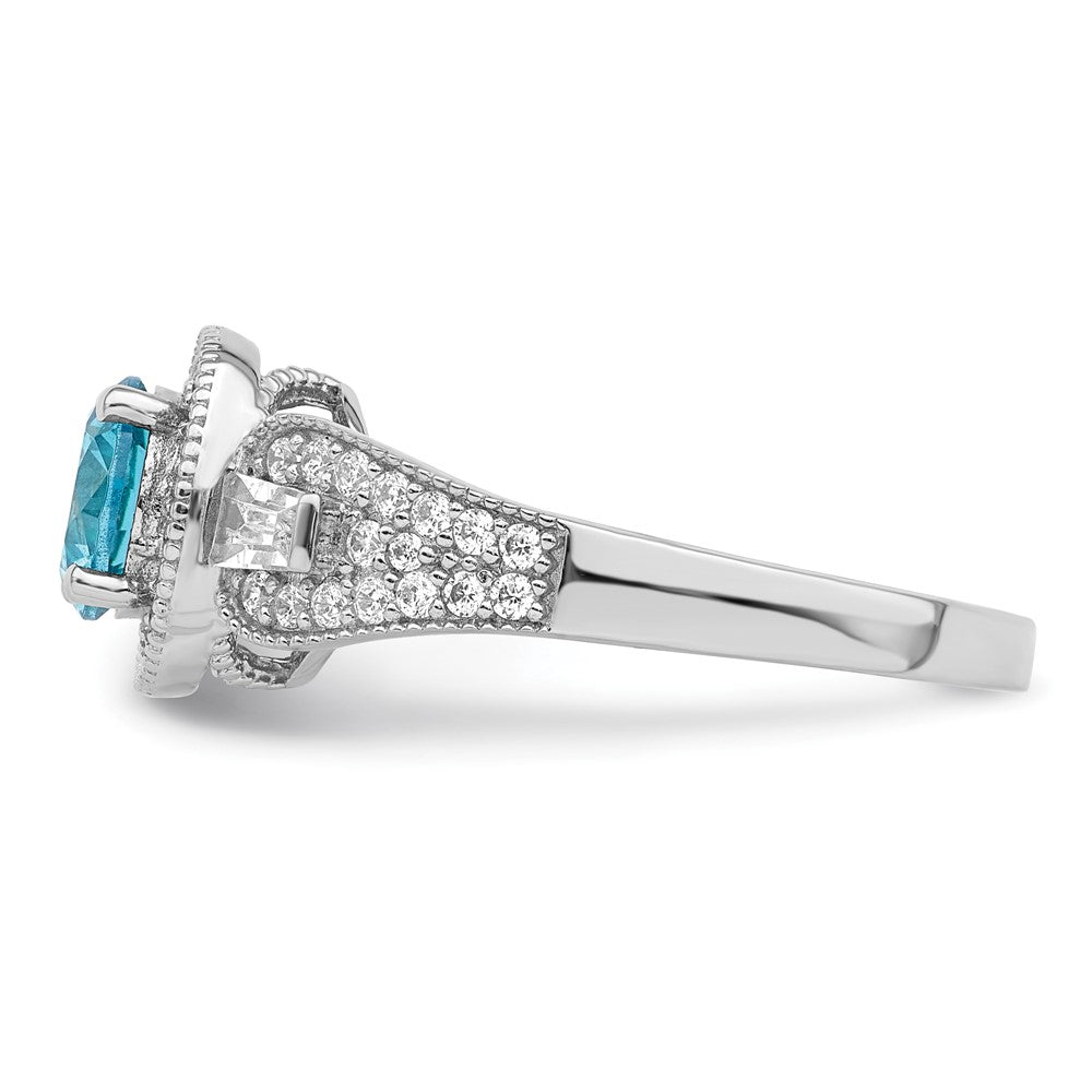 Sterling Silver Rhodium Plated White & Aqua Cz Ring