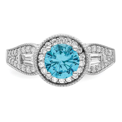 Sterling Silver Rhodium Plated White & Aqua Cz Ring