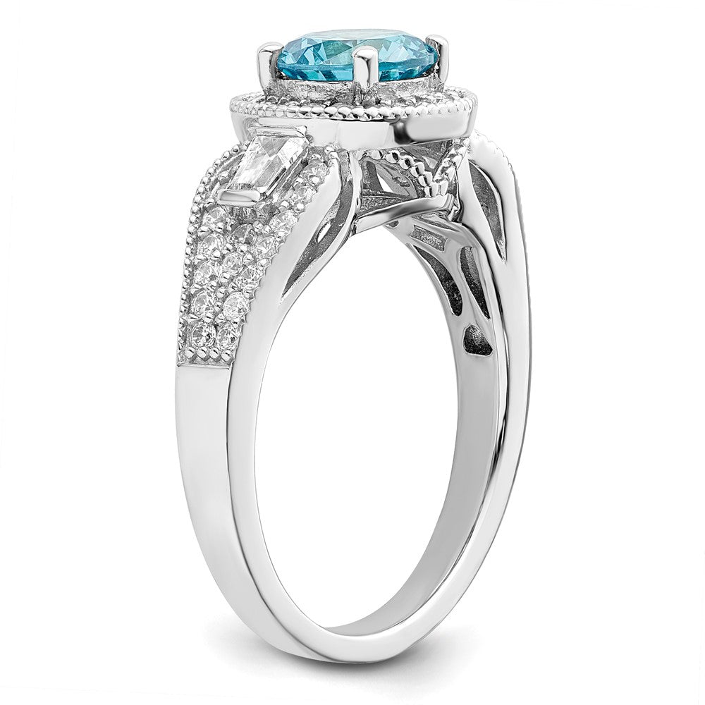 Sterling Silver Rhodium Plated White & Aqua Cz Ring
