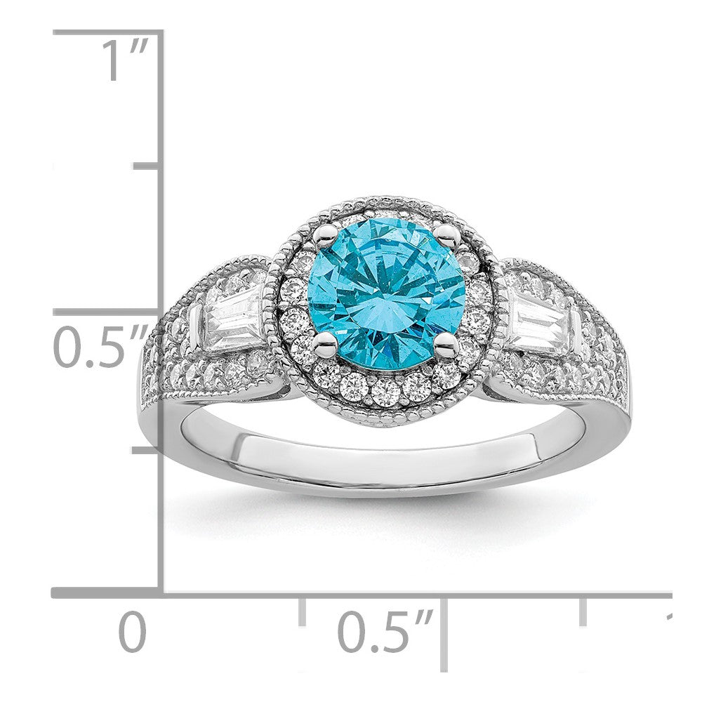 Sterling Silver Rhodium Plated White & Aqua Cz Ring