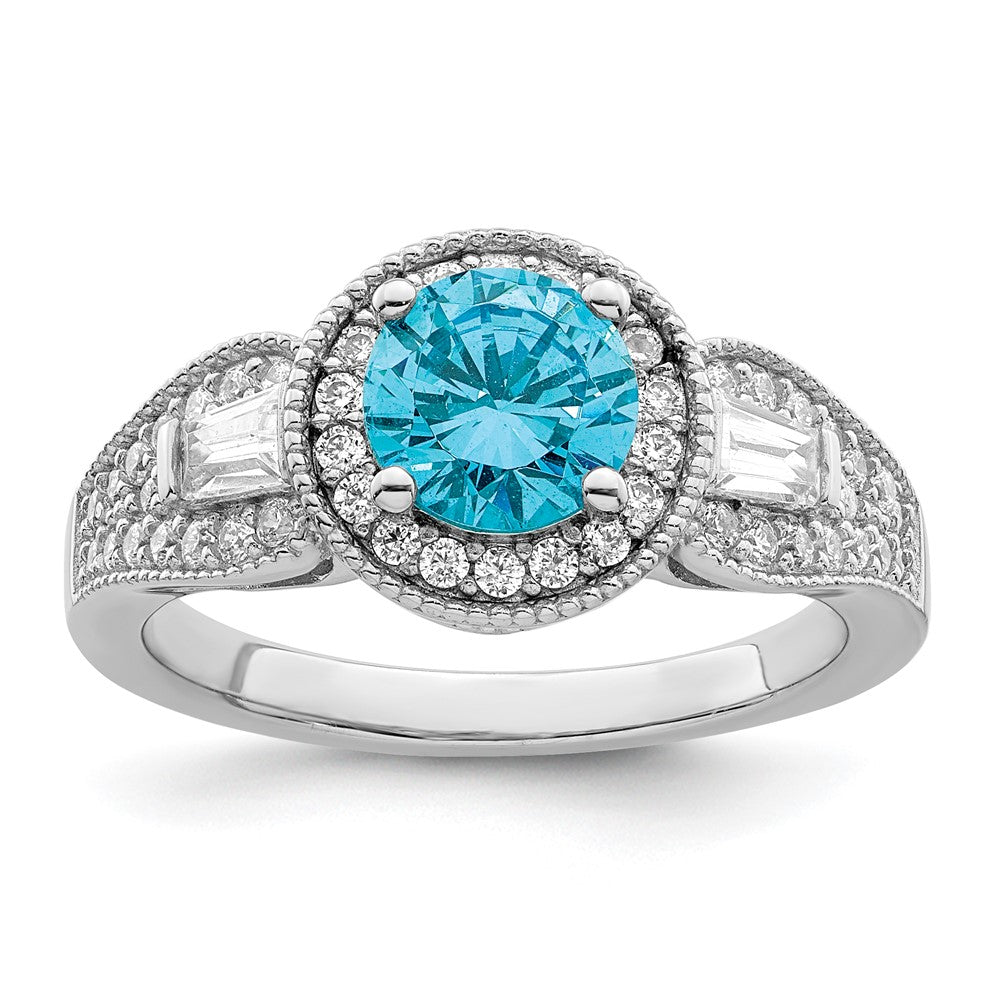 Sterling Silver Rhodium Plated White & Aqua Cz Ring