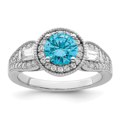 Sterling Silver Rhodium Plated White & Aqua Cz Ring