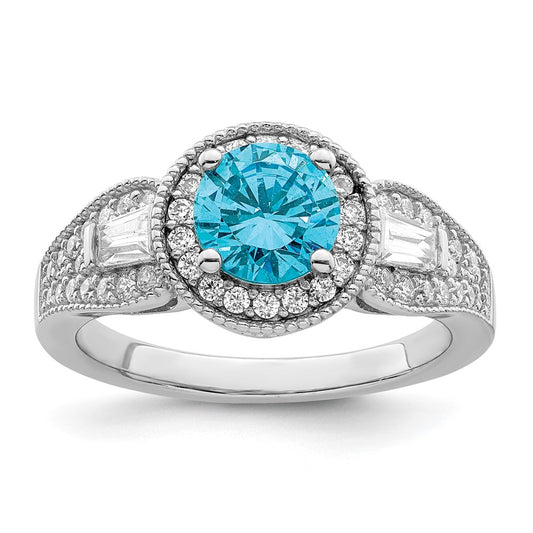 Sterling Silver Rhodium Plated White & Aqua Cz Ring