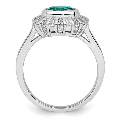 Sterling Silver Rhodium Plated White And Teal Cz Ring