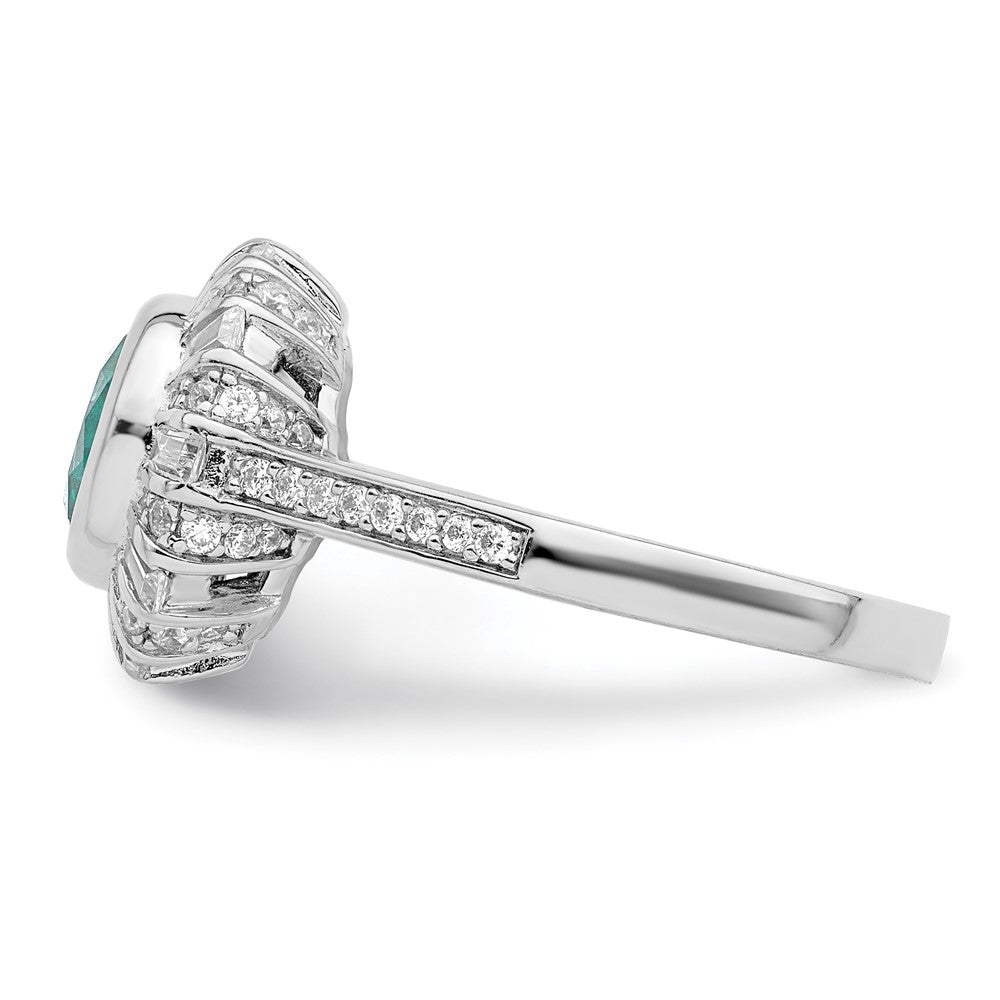 Sterling Silver Rhodium Plated White And Teal Cz Ring