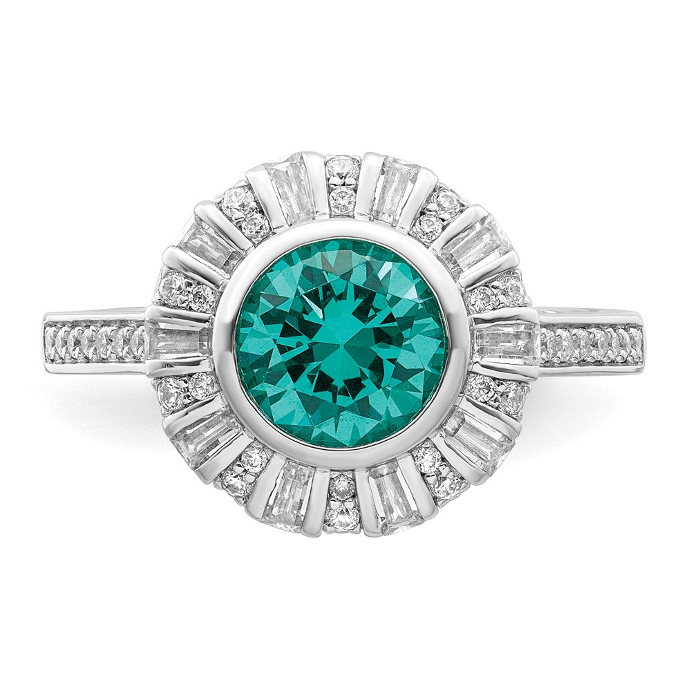Sterling Silver Rhodium Plated White And Teal Cz Ring