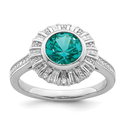Sterling Silver Rhodium Plated White And Teal Cz Ring