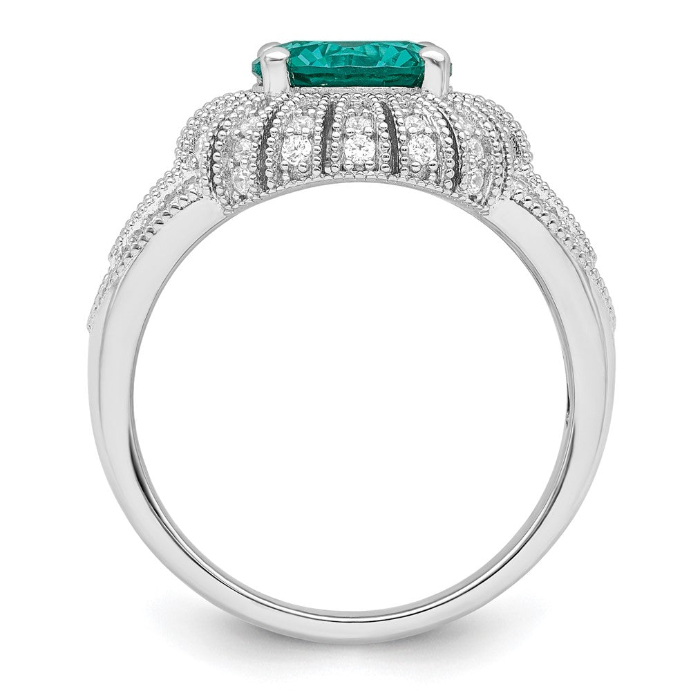 Sterling Silver Rhodium Plated Clear And Teal Cz Vintage Style Ring