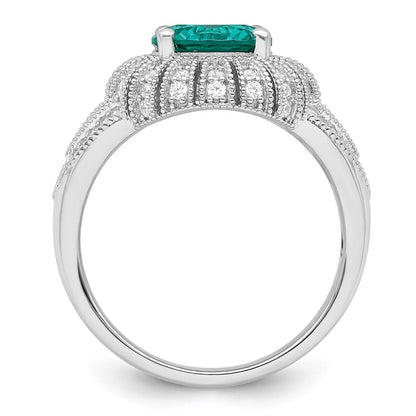 Sterling Silver Rhodium Plated Clear And Teal Cz Vintage Style Ring