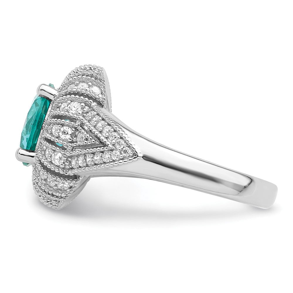 Sterling Silver Rhodium Plated Clear And Teal Cz Vintage Style Ring