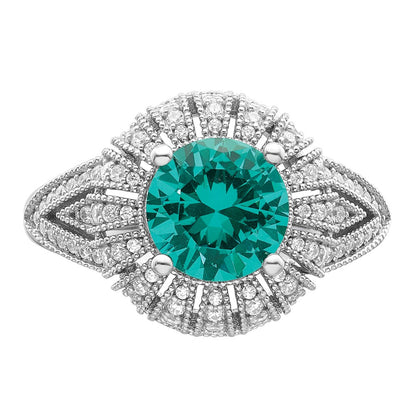 Sterling Silver Rhodium Plated Clear And Teal Cz Vintage Style Ring