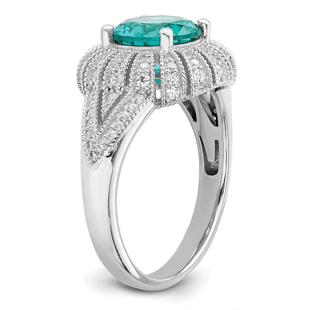 Sterling Silver Rhodium Plated Clear And Teal Cz Vintage Style Ring