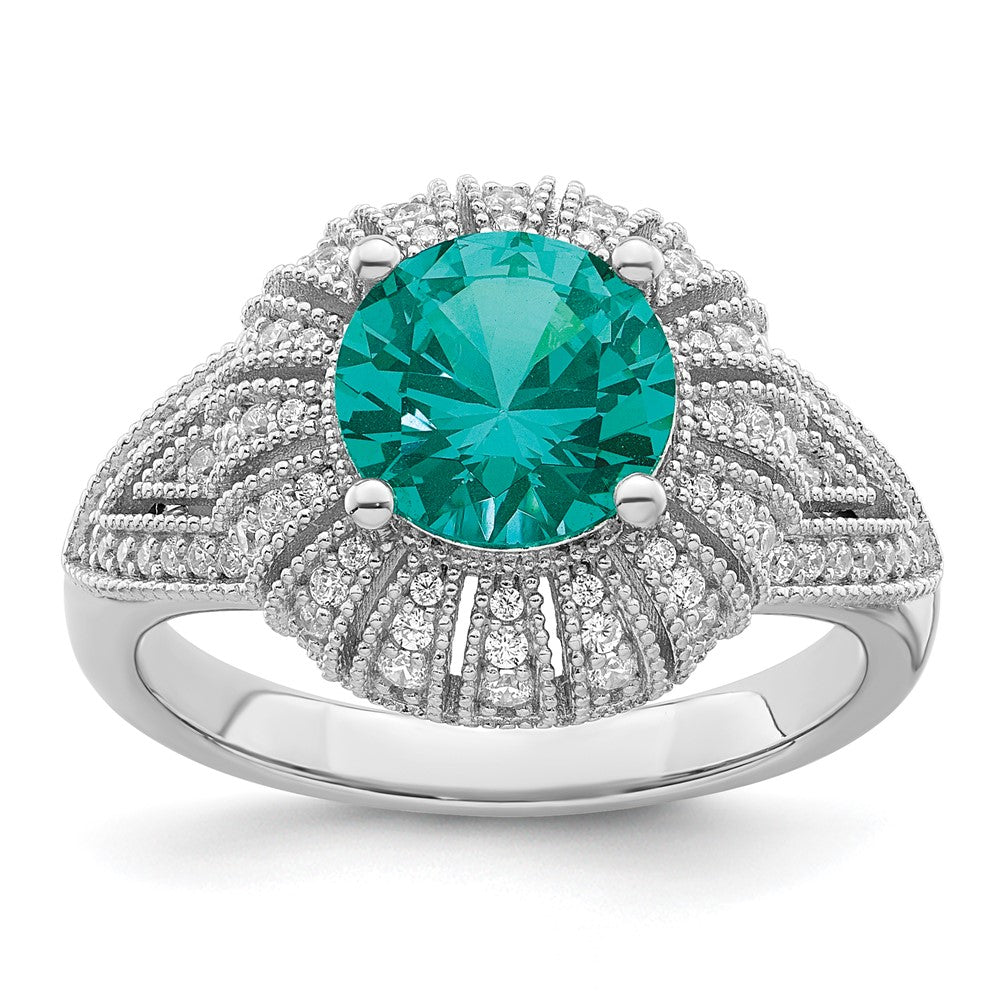 Sterling Silver Rhodium Plated Clear And Teal Cz Vintage Style Ring