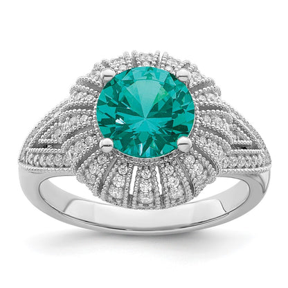 Sterling Silver Rhodium Plated Clear And Teal Cz Vintage Style Ring