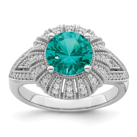 Sterling Silver Rhodium Plated Clear And Teal Cz Vintage Style Ring