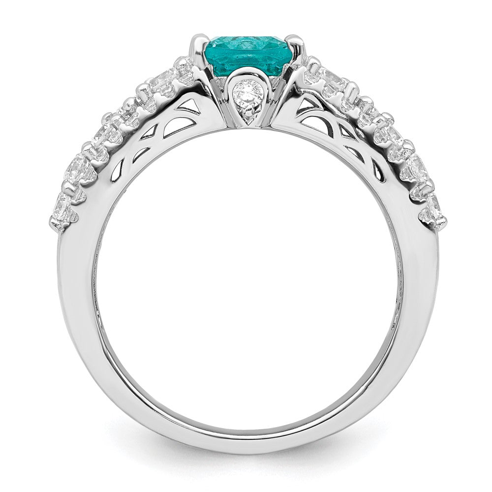 Sterling Silver Rhodium Plated White And Teal Cz Ring