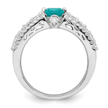 Sterling Silver Rhodium Plated White And Teal Cz Ring