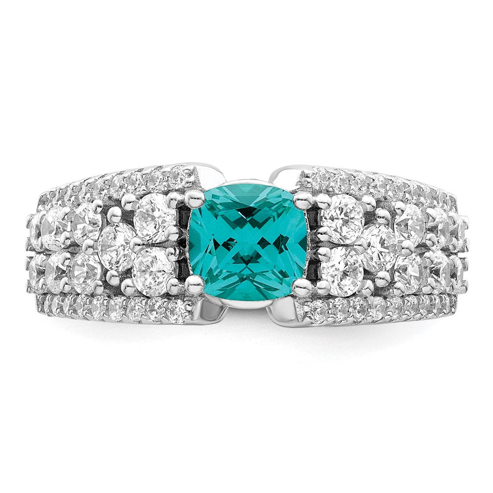 Sterling Silver Rhodium Plated White And Teal Cz Ring
