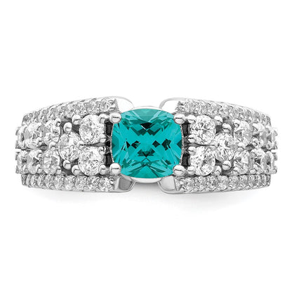Sterling Silver Rhodium Plated White And Teal Cz Ring