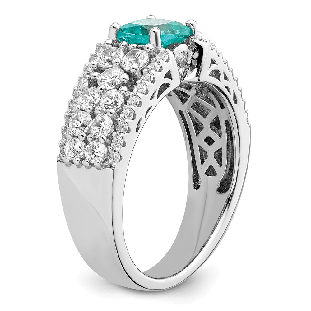 Sterling Silver Rhodium Plated White And Teal Cz Ring