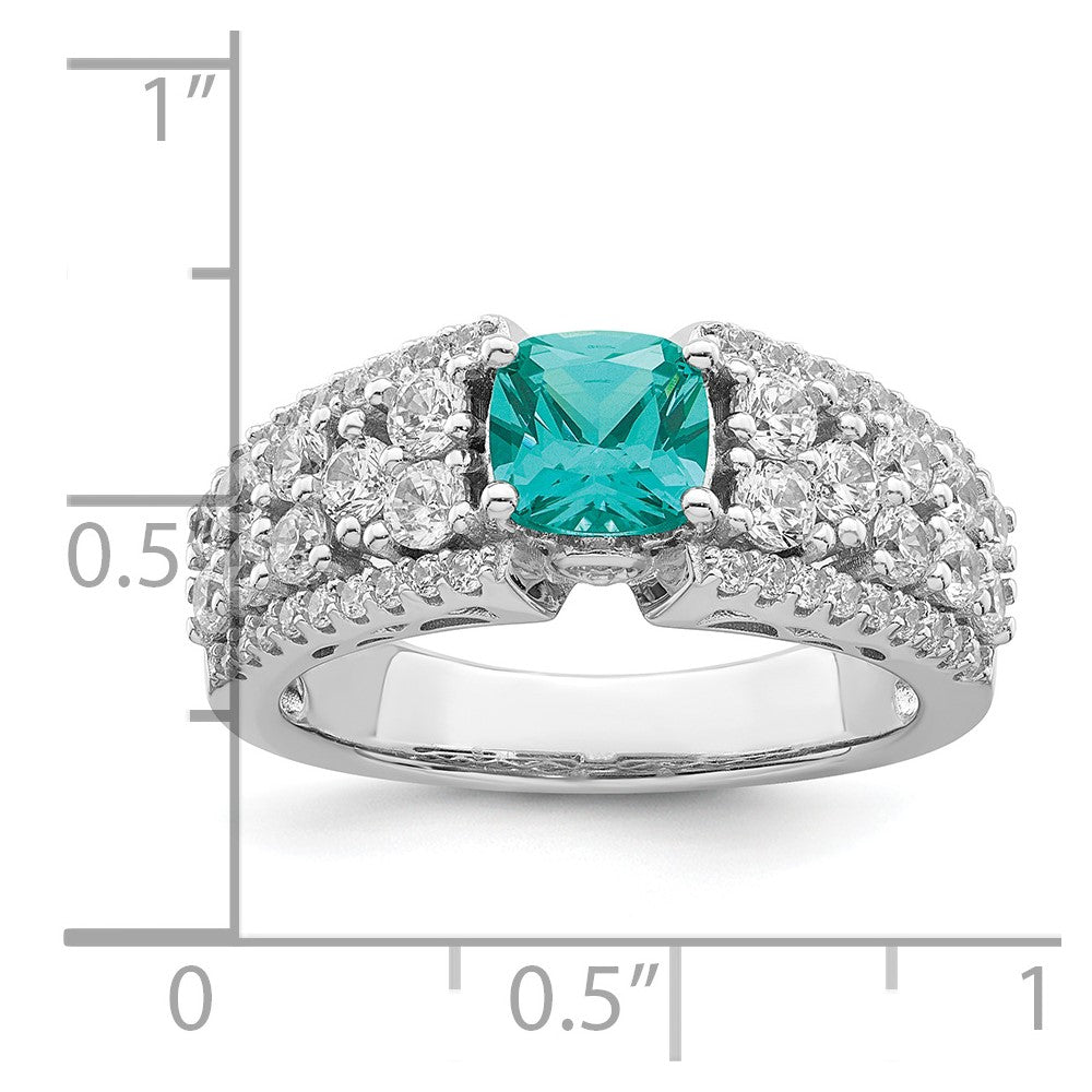 Sterling Silver Rhodium Plated White And Teal Cz Ring
